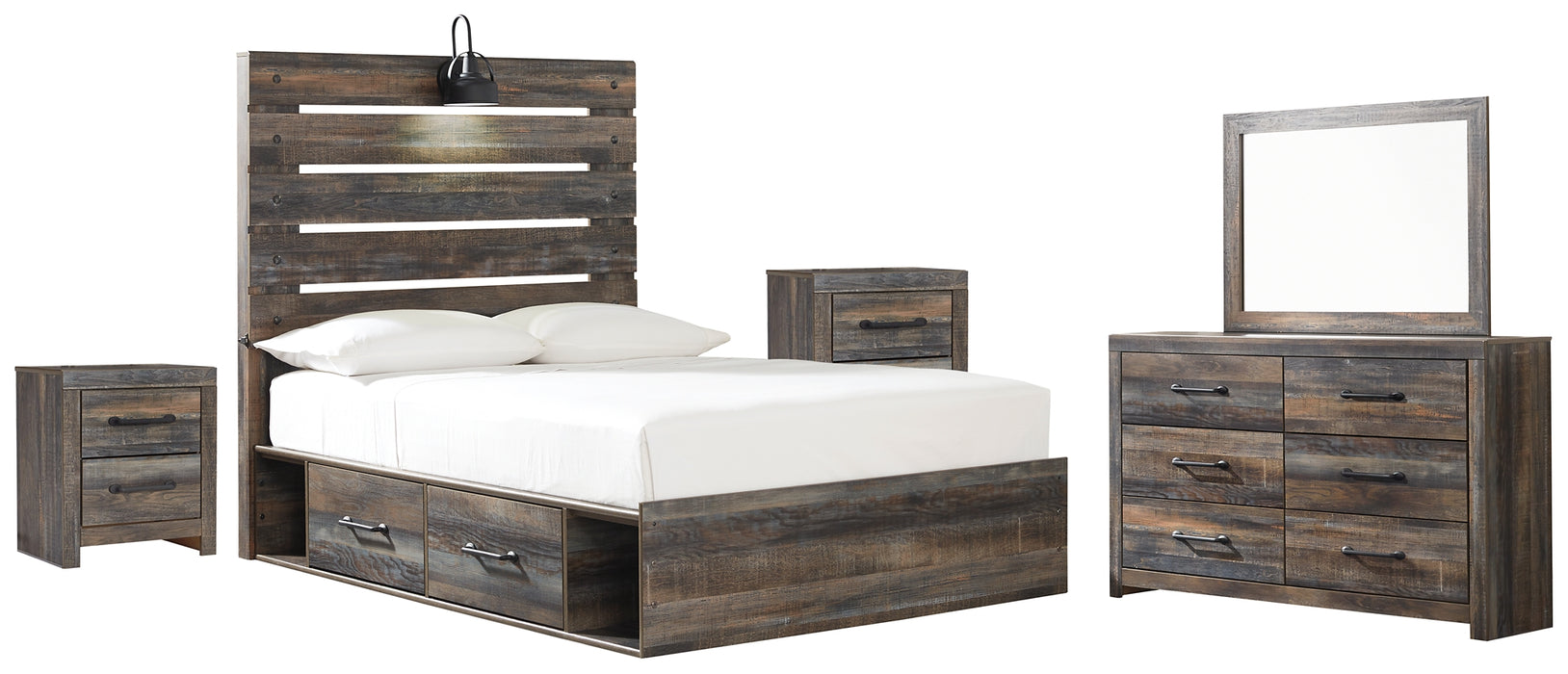 Drystan  Panel Bed With 2 Storage Drawers With Mirrored Dresser And 2 Nightstands