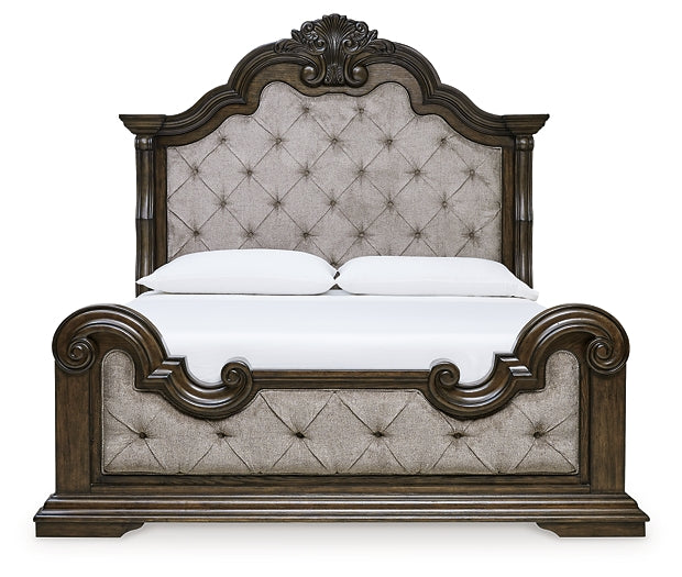 Maylee California King Upholstered Bed with Mirrored Dresser and Nightstand