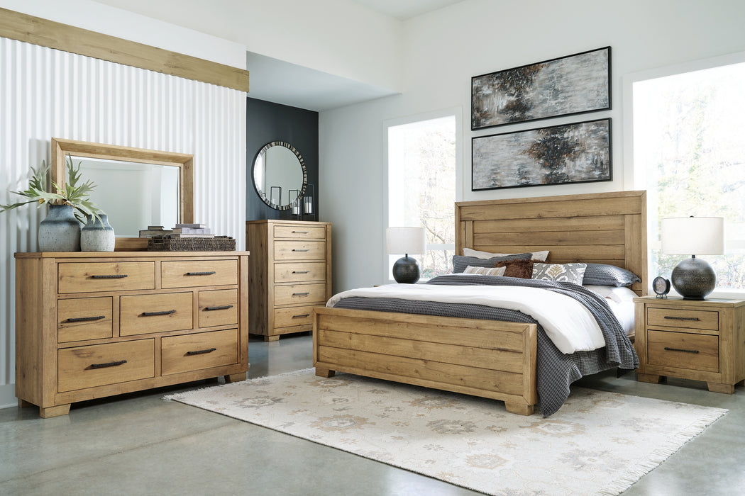 Galliden California King Panel Bed with Mirrored Dresser, Chest and 2 Nightstands