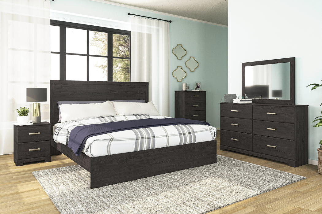 Belachime King Panel Bed with Mirrored Dresser, Chest and 2 Nightstands