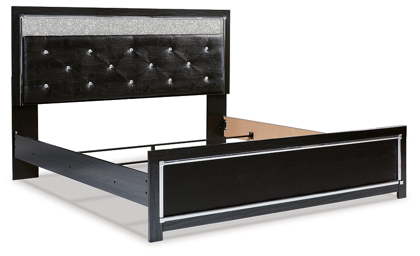 Kaydell King Upholstered Panel Platform Bed with Mirrored Dresser, Chest and 2 Nightstands