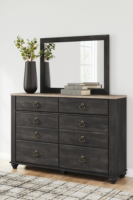 Nanforth Queen Panel Bed with Mirrored Dresser and Chest